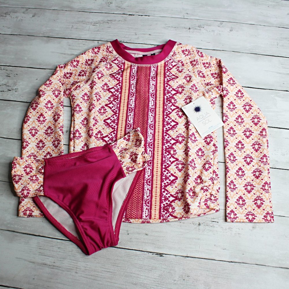 Aqua Et Sol Girl's Rashguard Swimsuit Size 4 4T UPF 50+ 2 Pc